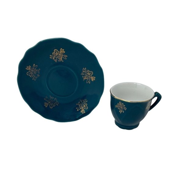 Miniature China Tea Cup and Saucer in Deep Teal with a Gold Floral Design - Picture 1 of 5
